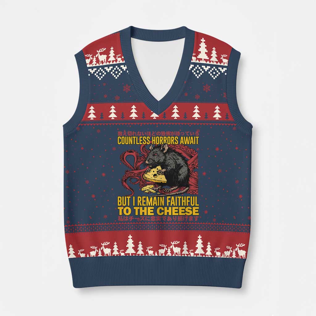 Funny Japanese Rat Lover V-Neck Knit Sweater Vest I Remain Faithful To The Cheese Retro Vintage Japan - Wonder Print Shop