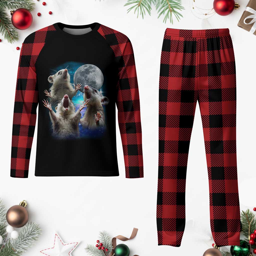 Funny Opossum Meme Plaid Pajama Set Three Possum Screaming Under The Moon Weird Cursed Meme - Wonder Print Shop
