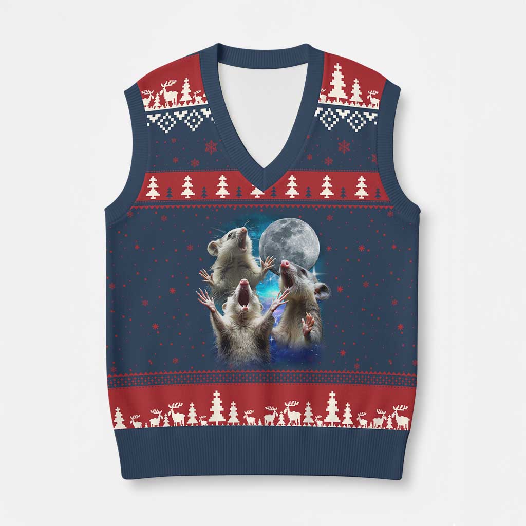 Funny Opossum Meme V-Neck Knit Sweater Vest Three Possum Screaming Under The Moon Weird Cursed Meme - Wonder Print Shop