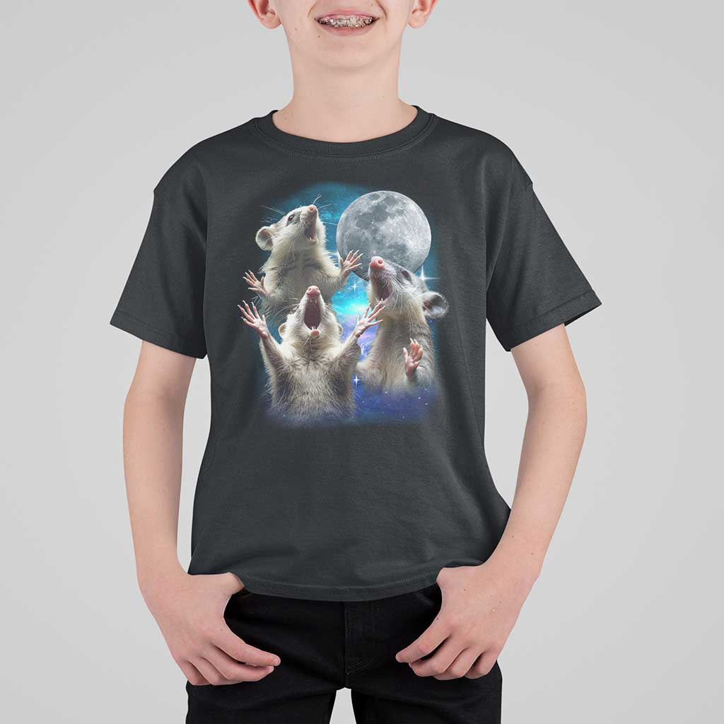 Funny Opossum Meme T Shirt For Kid Three Possum Screaming Under The Moon Weird Cursed Meme - Wonder Print Shop