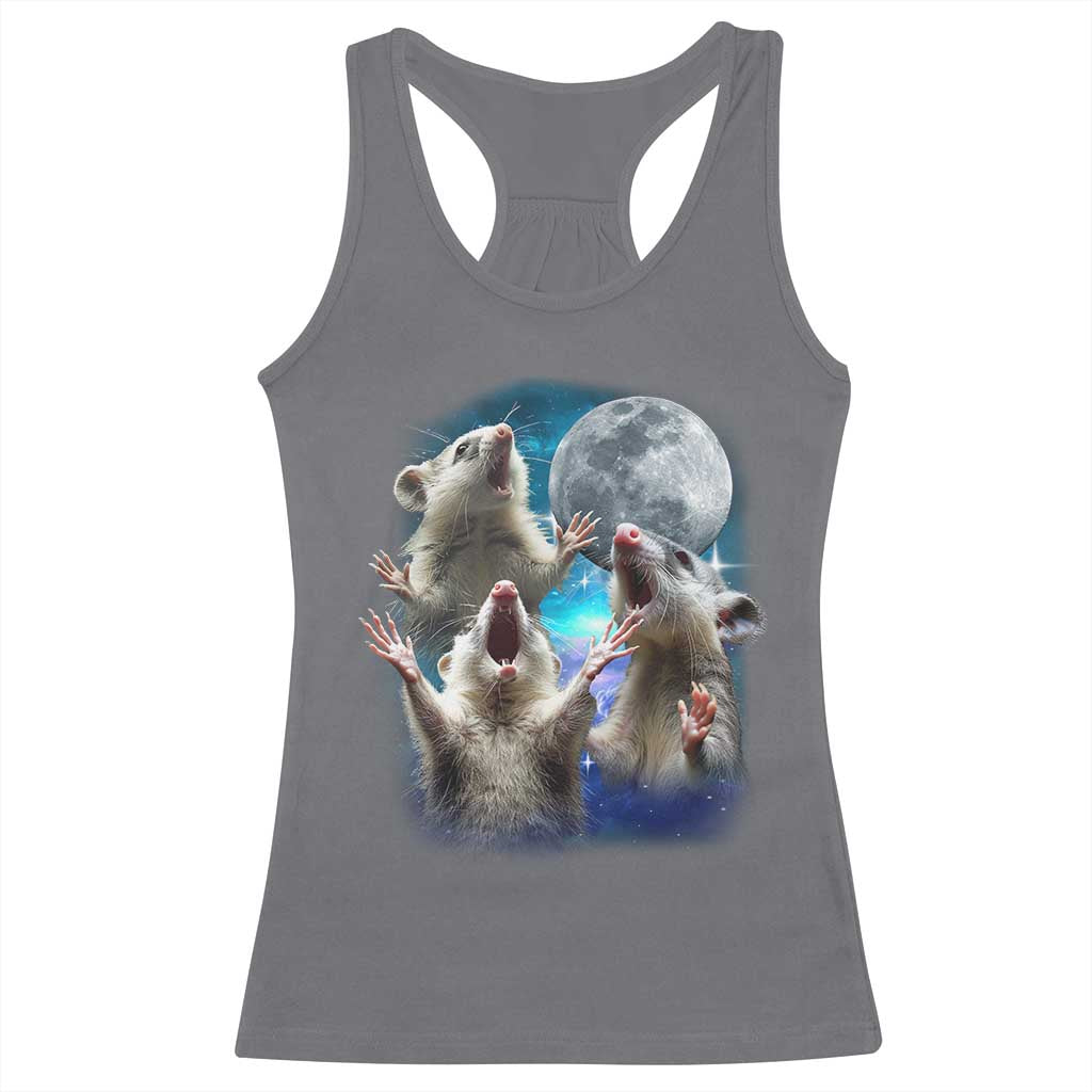 Funny Opossum Meme Racerback Tank Top Three Possum Screaming Under The Moon Weird Cursed Meme