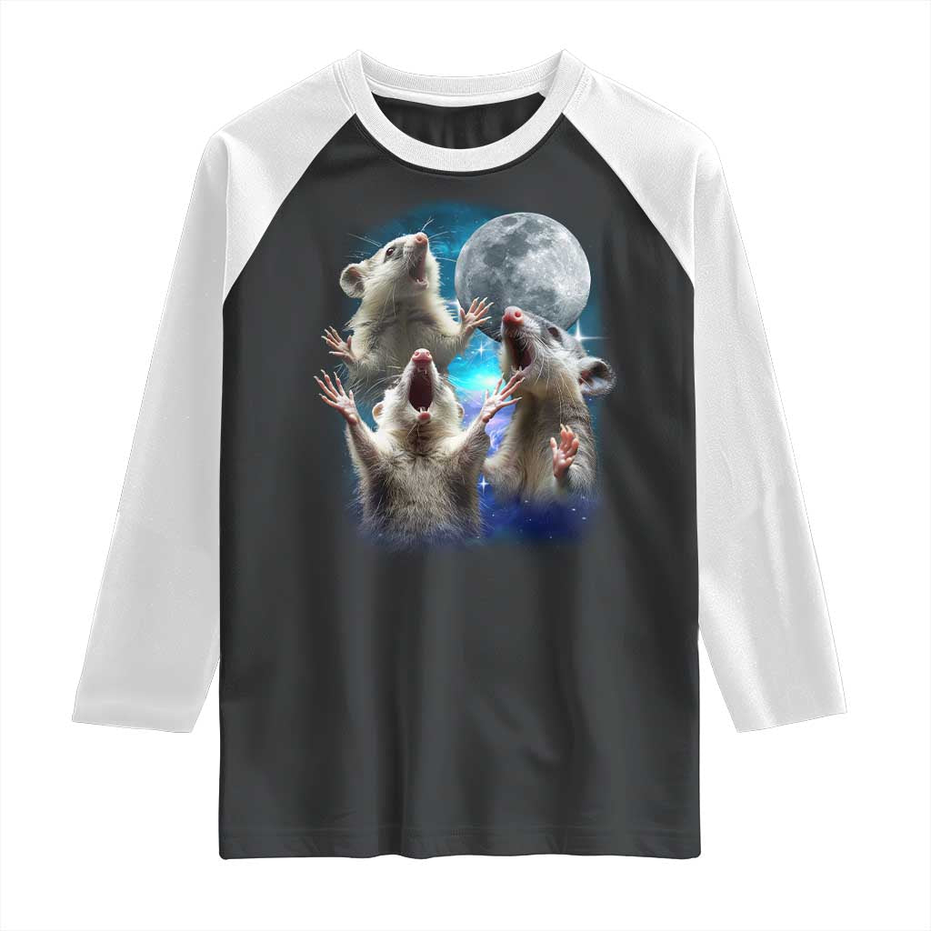Funny Opossum Meme Raglan Shirt Three Possum Screaming Under The Moon Weird Cursed Meme