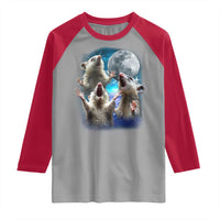 Funny Opossum Meme Raglan Shirt Three Possum Screaming Under The Moon Weird Cursed Meme
