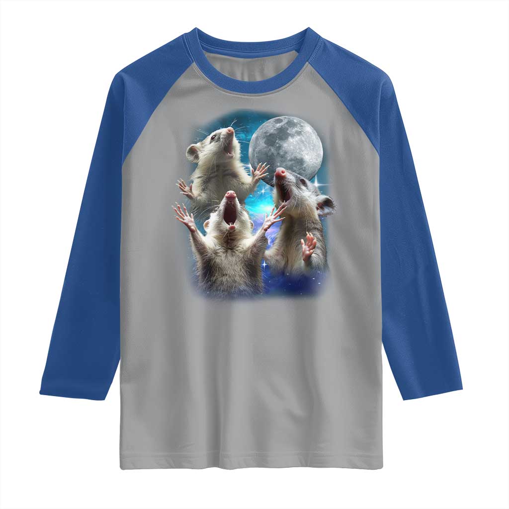 Funny Opossum Meme Raglan Shirt Three Possum Screaming Under The Moon Weird Cursed Meme