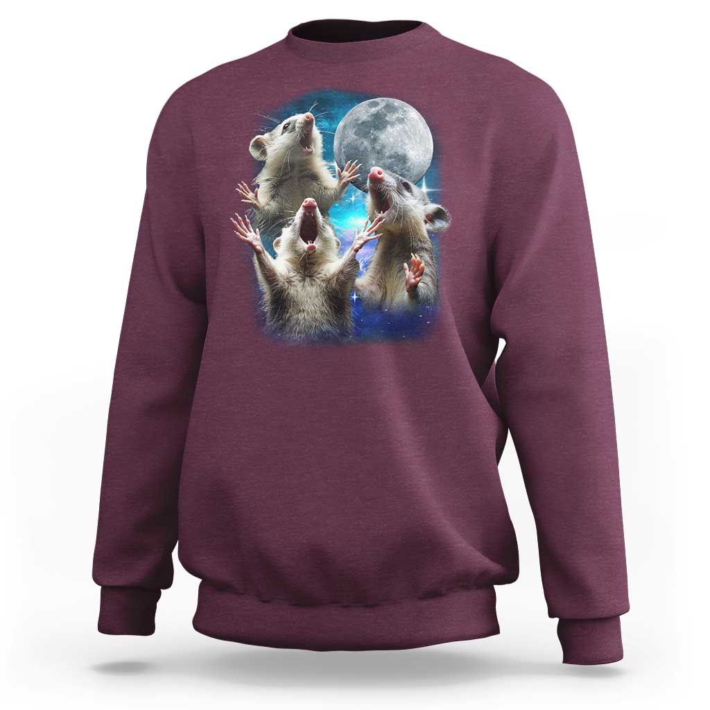Funny Opossum Meme Sweatshirt Three Possum Screaming Under The Moon Weird Cursed Meme - Wonder Print Shop