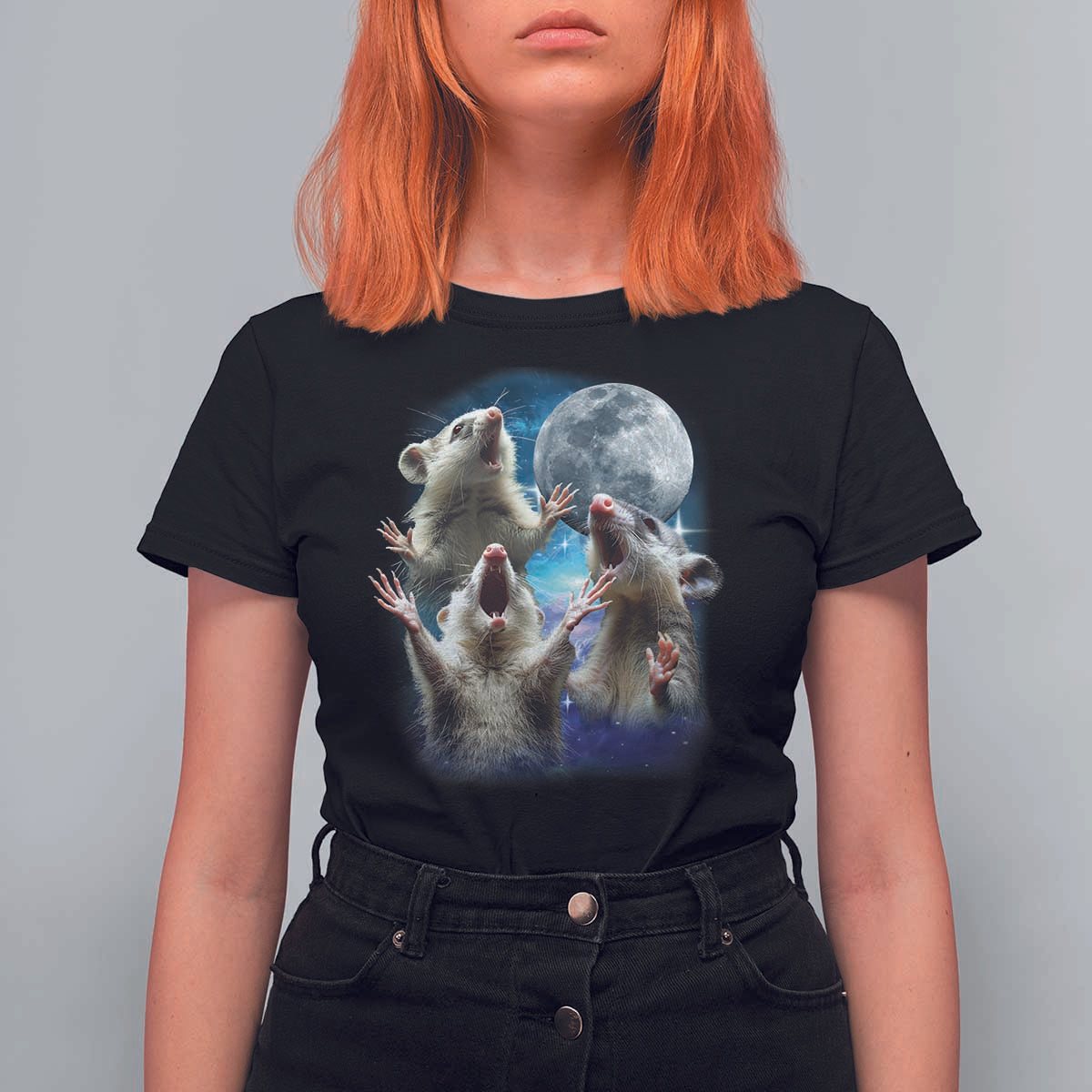 Funny Opossum Meme T Shirt For Women Three Possum Screaming Under The Moon Weird Cursed Meme - Wonder Print Shop