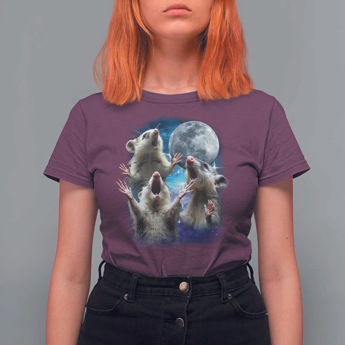 Funny Opossum Meme T Shirt For Women Three Possum Screaming Under The Moon Weird Cursed Meme - Wonder Print Shop