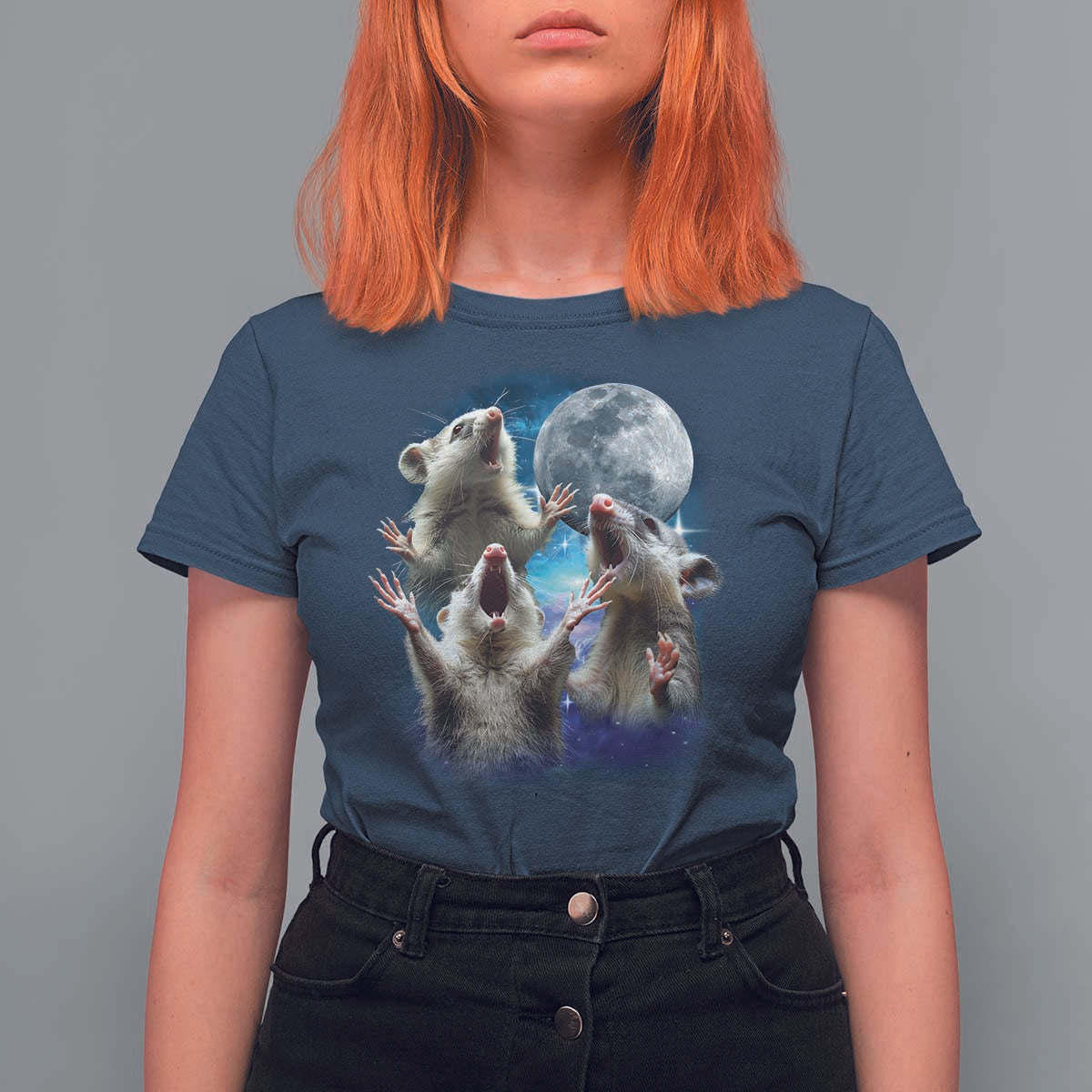 Funny Opossum Meme T Shirt For Women Three Possum Screaming Under The Moon Weird Cursed Meme - Wonder Print Shop