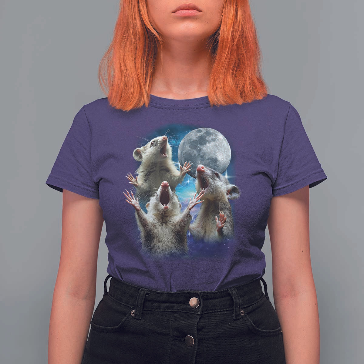 Funny Opossum Meme T Shirt For Women Three Possum Screaming Under The Moon Weird Cursed Meme - Wonder Print Shop