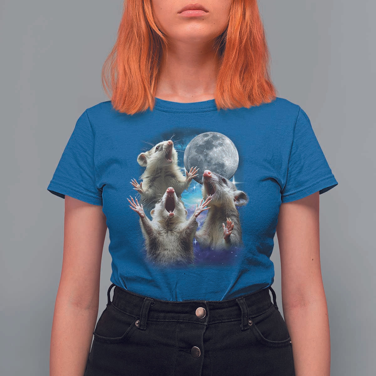 Funny Opossum Meme T Shirt For Women Three Possum Screaming Under The Moon Weird Cursed Meme - Wonder Print Shop