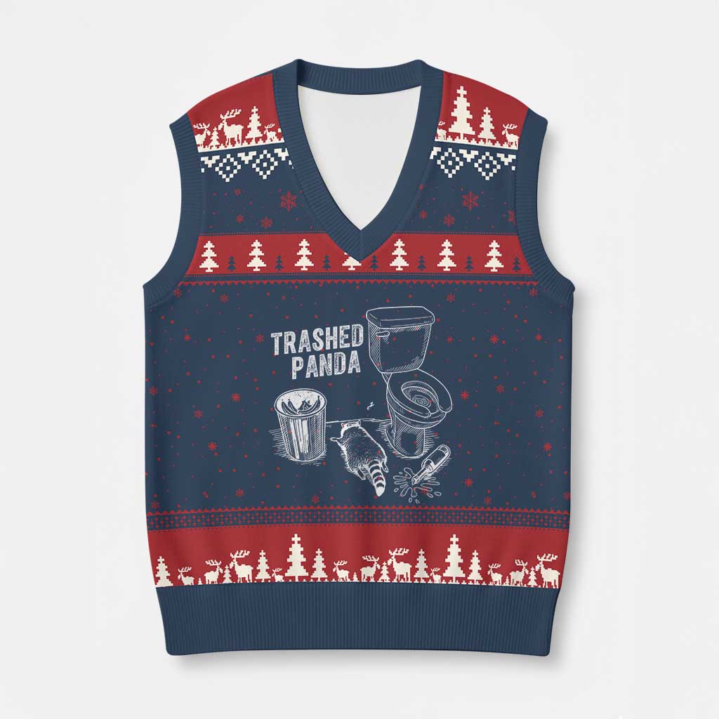 Funny Trashed Panda V-Neck Knit Sweater Vest Drunk Raccoon in Toilet Meme Hot Mess - Wonder Print Shop
