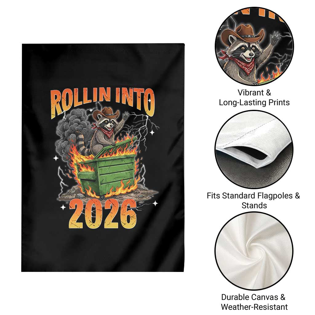 Dumpster Fire Raccoon Meme for Surviving 2025 Garden Flag Rollin Into 2026 Trash Panda Energy - Wonder Print Shop