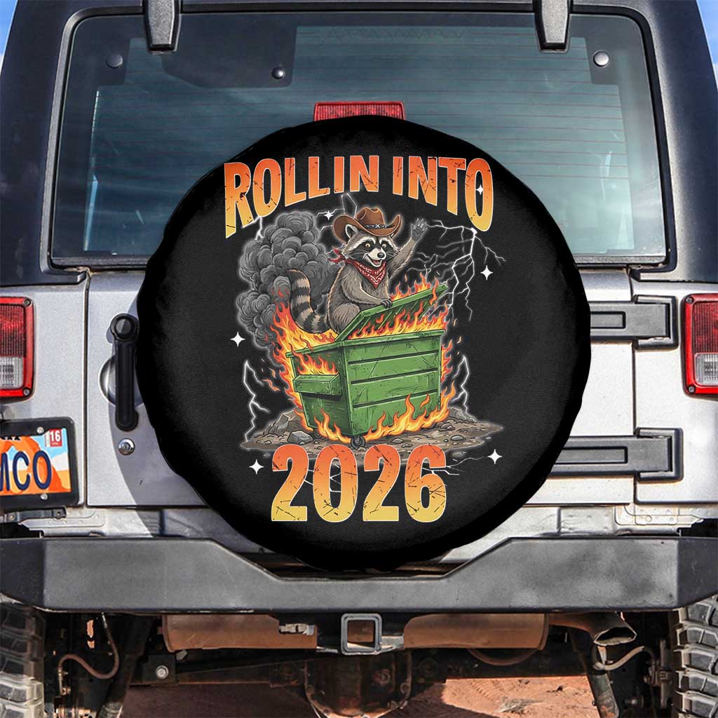 Dumpster Fire Raccoon Meme for Surviving 2025 Spare Tire Cover Rollin Into 2026 Trash Panda Energy - Wonder Print Shop