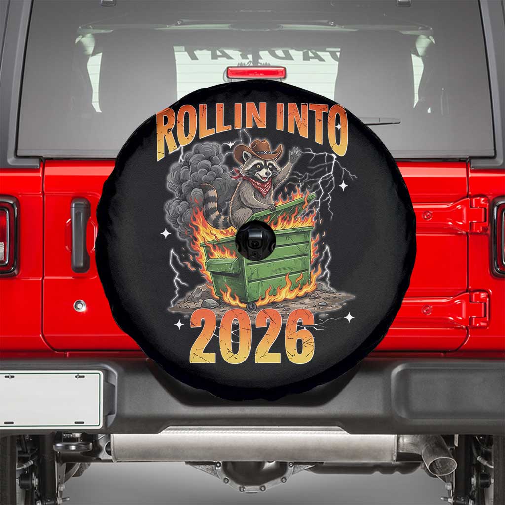 Dumpster Fire Raccoon Meme for Surviving 2025 Spare Tire Cover Rollin Into 2026 Trash Panda Energy - Wonder Print Shop