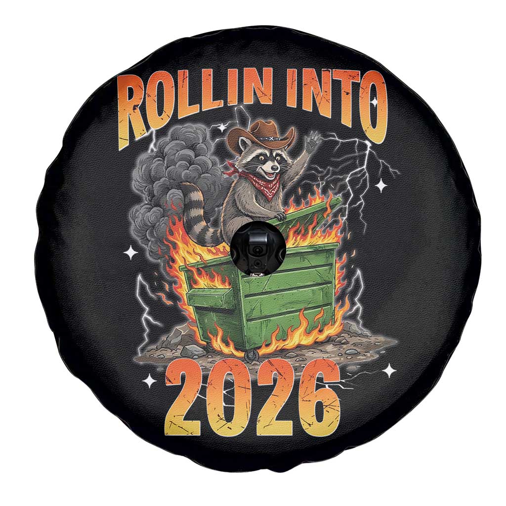 Dumpster Fire Raccoon Meme for Surviving 2025 Spare Tire Cover Rollin Into 2026 Trash Panda Energy - Wonder Print Shop
