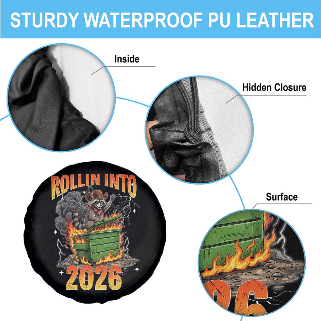 Dumpster Fire Raccoon Meme for Surviving 2025 Spare Tire Cover Rollin Into 2026 Trash Panda Energy - Wonder Print Shop