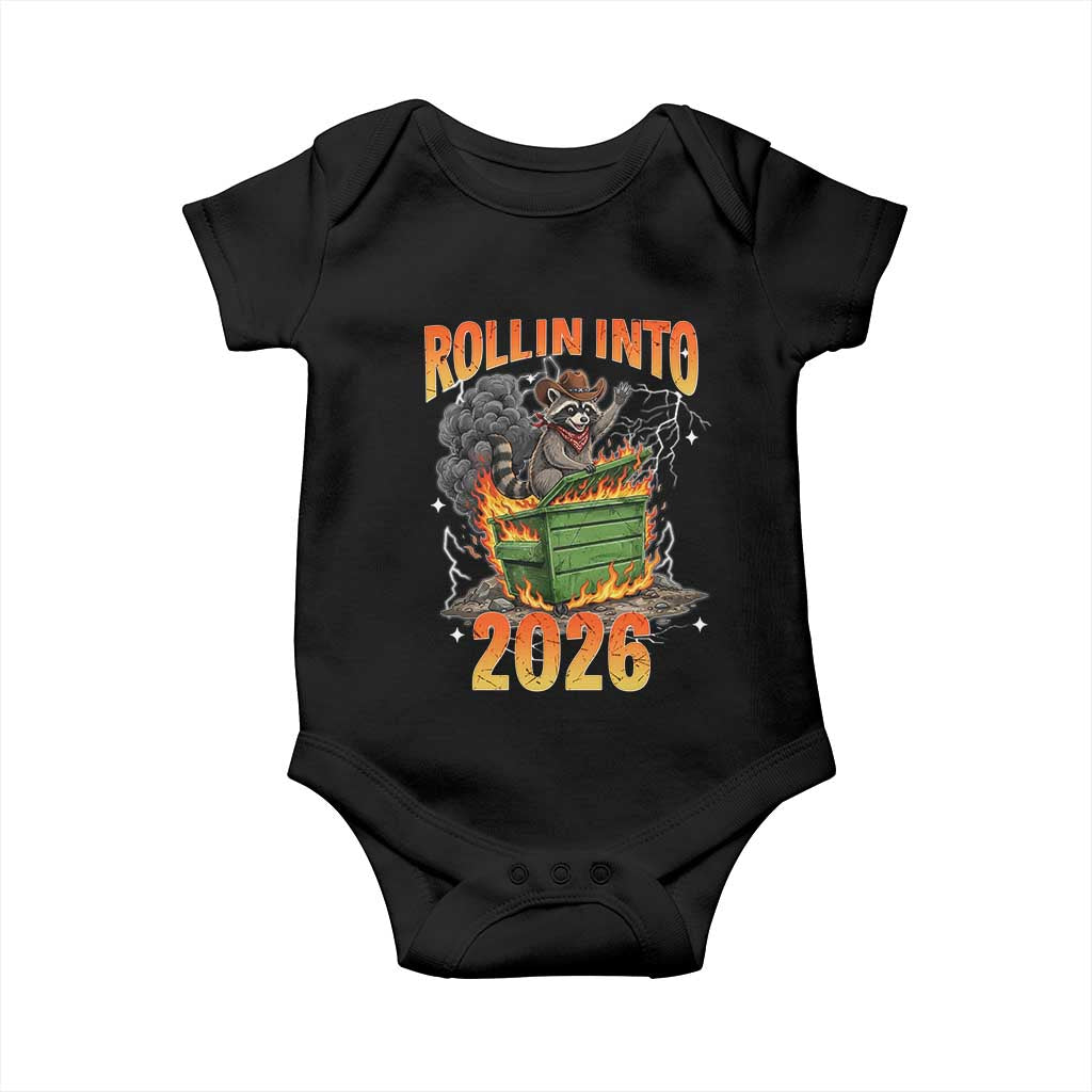 Dumpster Fire Raccoon Meme for Surviving 2025 Baby Onesie Rollin Into 2026 Trash Panda Energy - Wonder Print Shop