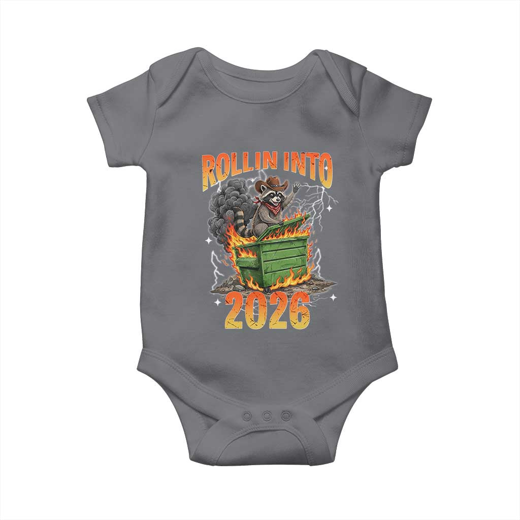 Dumpster Fire Raccoon Meme for Surviving 2025 Baby Onesie Rollin Into 2026 Trash Panda Energy - Wonder Print Shop