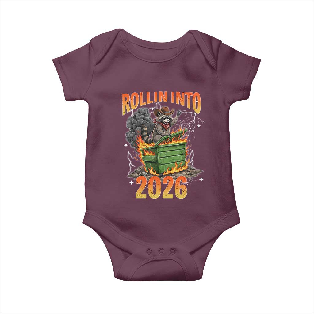 Dumpster Fire Raccoon Meme for Surviving 2025 Baby Onesie Rollin Into 2026 Trash Panda Energy - Wonder Print Shop