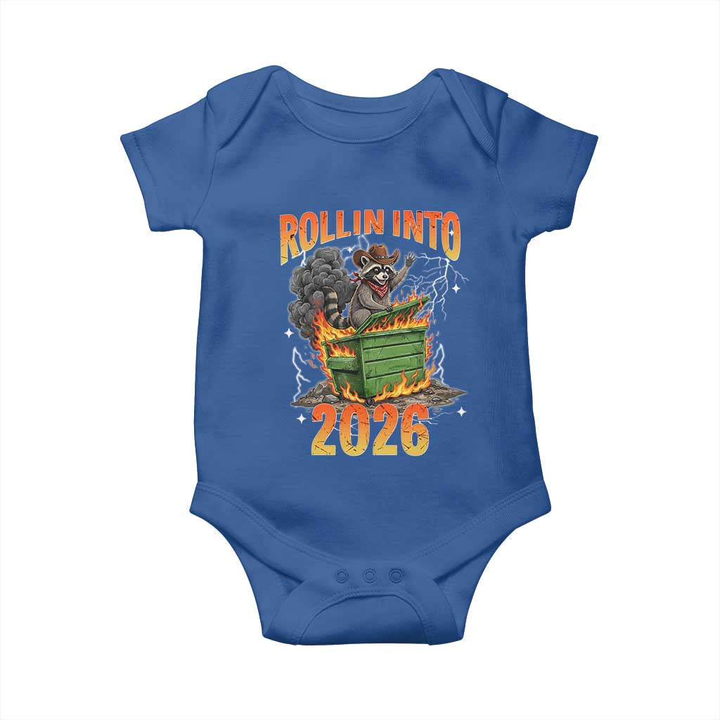 Dumpster Fire Raccoon Meme for Surviving 2025 Baby Onesie Rollin Into 2026 Trash Panda Energy - Wonder Print Shop