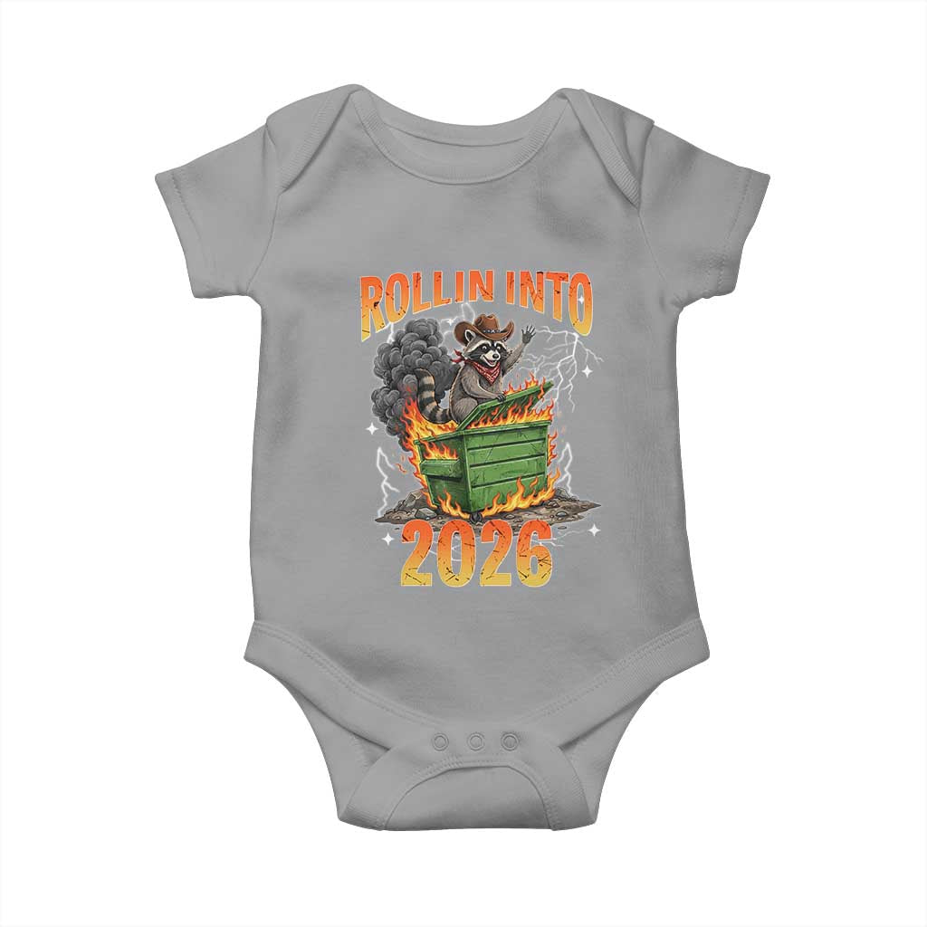 Dumpster Fire Raccoon Meme for Surviving 2025 Baby Onesie Rollin Into 2026 Trash Panda Energy - Wonder Print Shop