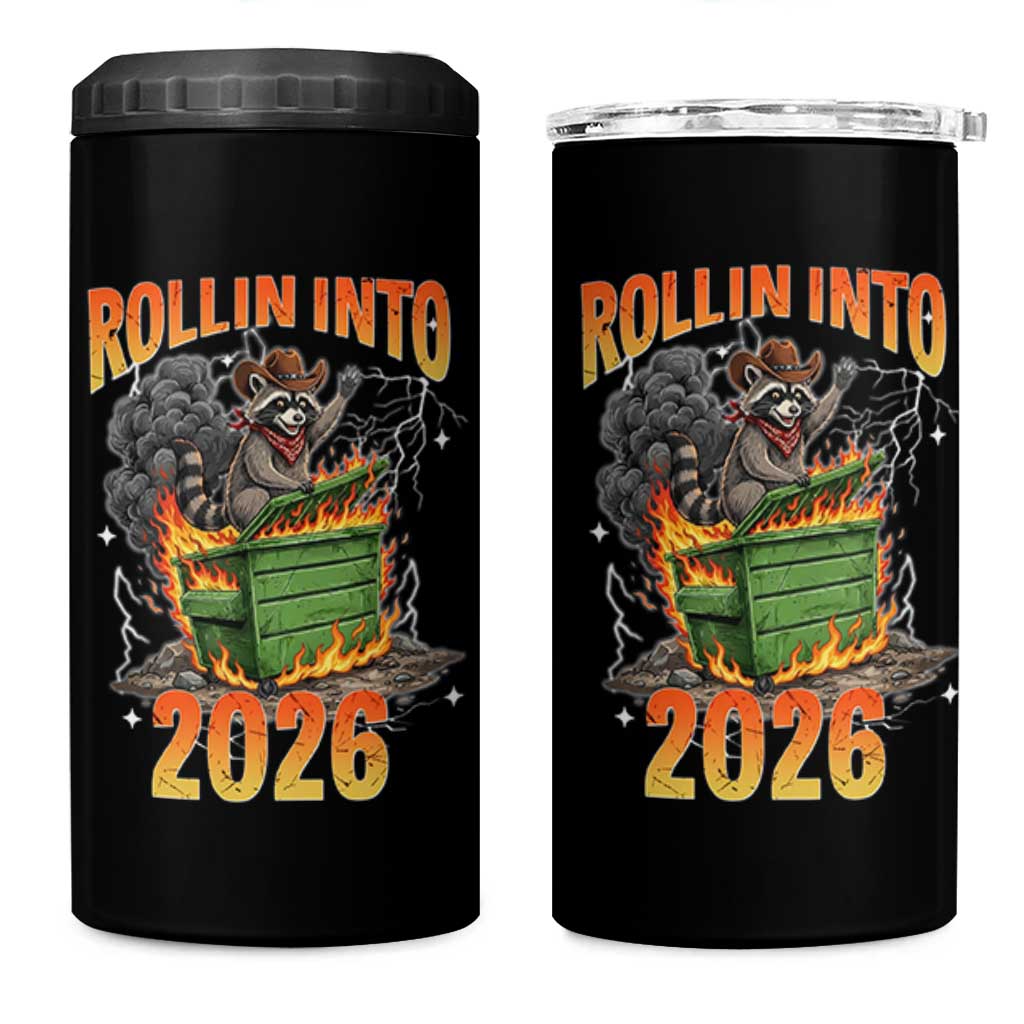 Dumpster Fire Raccoon Meme for Surviving 2025 4 in 1 Can Cooler Tumbler Rollin Into 2026 Trash Panda Energy - Wonder Print Shop