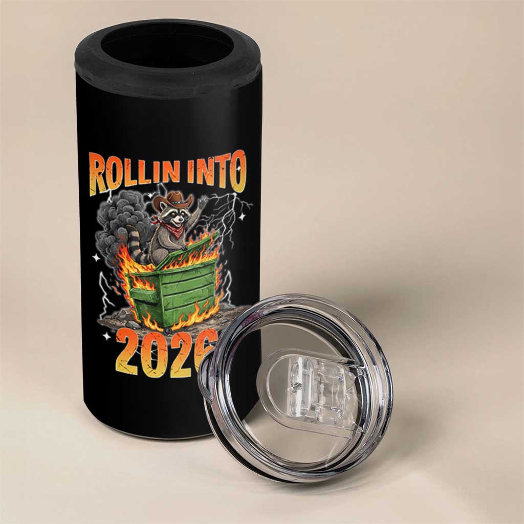 Dumpster Fire Raccoon Meme for Surviving 2025 4 in 1 Can Cooler Tumbler Rollin Into 2026 Trash Panda Energy - Wonder Print Shop
