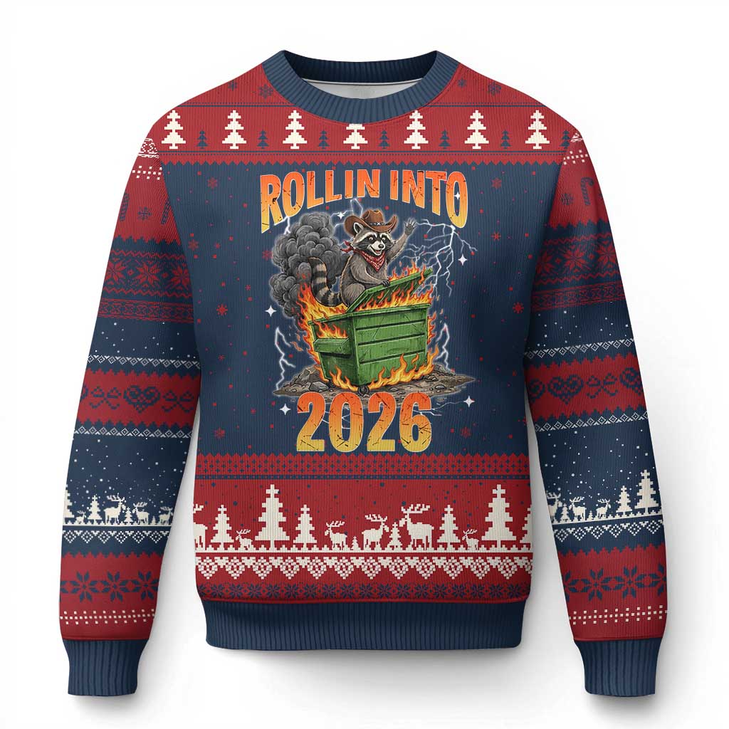 Dumpster Fire Raccoon Meme for Surviving 2025 Ugly Christmas Sweater Rollin Into 2026 Trash Panda Energy - Wonder Print Shop