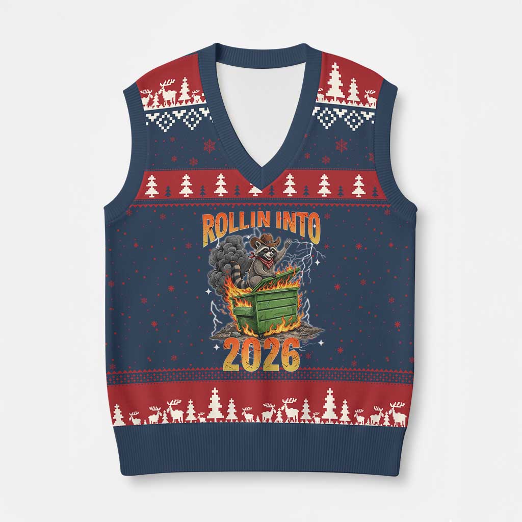 Dumpster Fire Raccoon Meme for Surviving 2025 V-Neck Knit Sweater Vest Rollin Into 2026 Trash Panda Energy - Wonder Print Shop