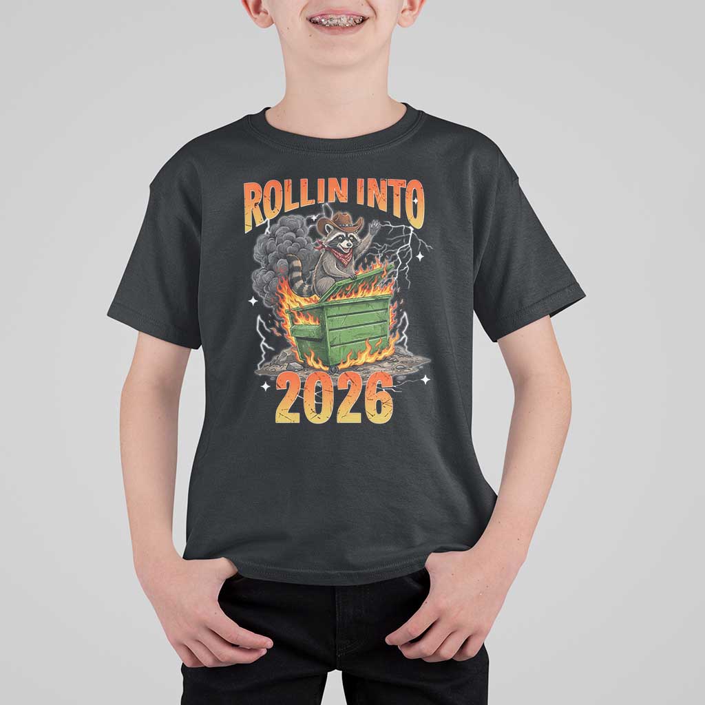 Dumpster Fire Raccoon Meme for Surviving 2025 T Shirt For Kid Rollin Into 2026 Trash Panda Energy - Wonder Print Shop