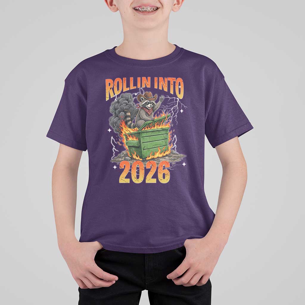 Dumpster Fire Raccoon Meme for Surviving 2025 T Shirt For Kid Rollin Into 2026 Trash Panda Energy - Wonder Print Shop