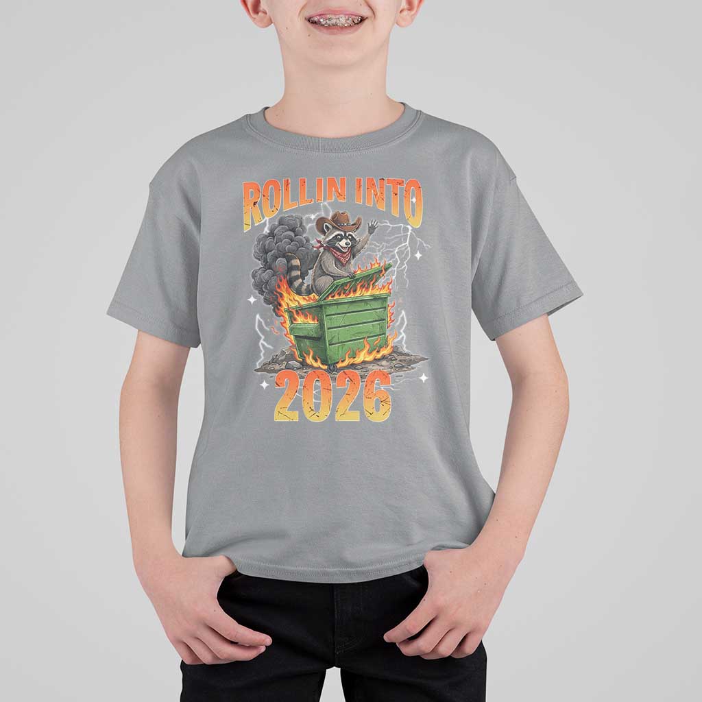 Dumpster Fire Raccoon Meme for Surviving 2025 T Shirt For Kid Rollin Into 2026 Trash Panda Energy - Wonder Print Shop
