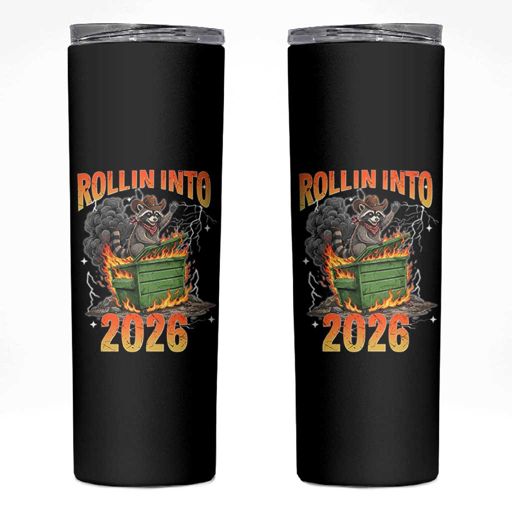Dumpster Fire Raccoon Meme for Surviving 2025 Skinny Tumbler Rollin Into 2026 Trash Panda Energy - Wonder Print Shop