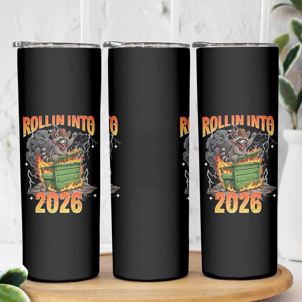 Dumpster Fire Raccoon Meme for Surviving 2025 Skinny Tumbler Rollin Into 2026 Trash Panda Energy - Wonder Print Shop