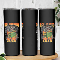 Dumpster Fire Raccoon Meme for Surviving 2025 Skinny Tumbler Rollin Into 2026 Trash Panda Energy - Wonder Print Shop
