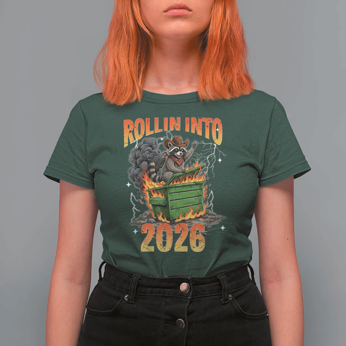 Dumpster Fire Raccoon Meme for Surviving 2025 T Shirt For Women Rollin Into 2026 Trash Panda Energy - Wonder Print Shop
