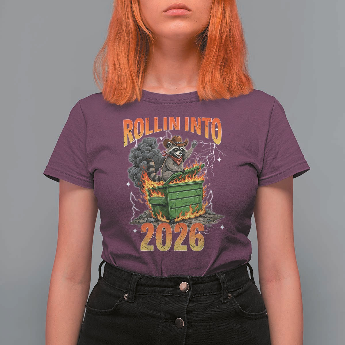 Dumpster Fire Raccoon Meme for Surviving 2025 T Shirt For Women Rollin Into 2026 Trash Panda Energy - Wonder Print Shop