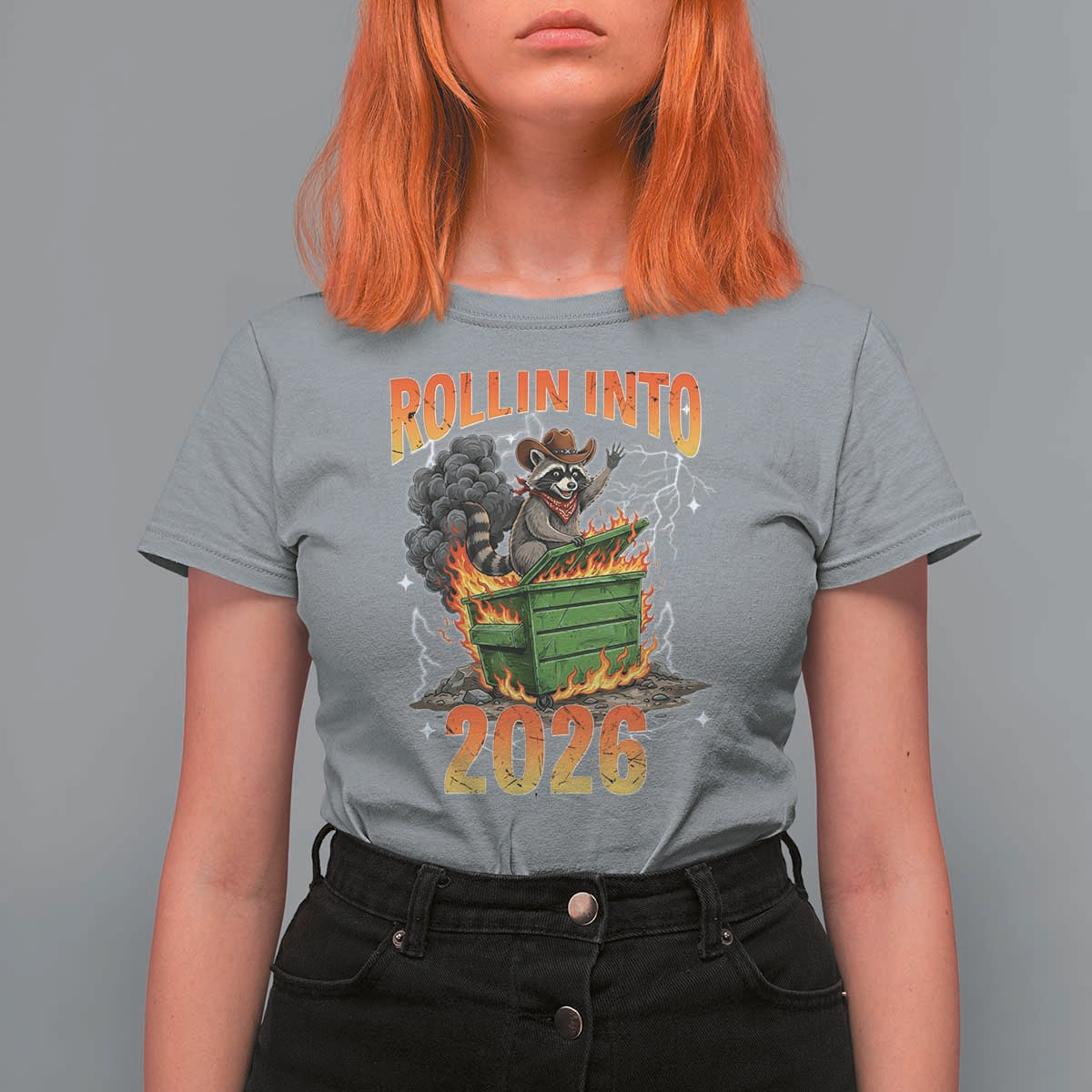 Dumpster Fire Raccoon Meme for Surviving 2025 T Shirt For Women Rollin Into 2026 Trash Panda Energy - Wonder Print Shop