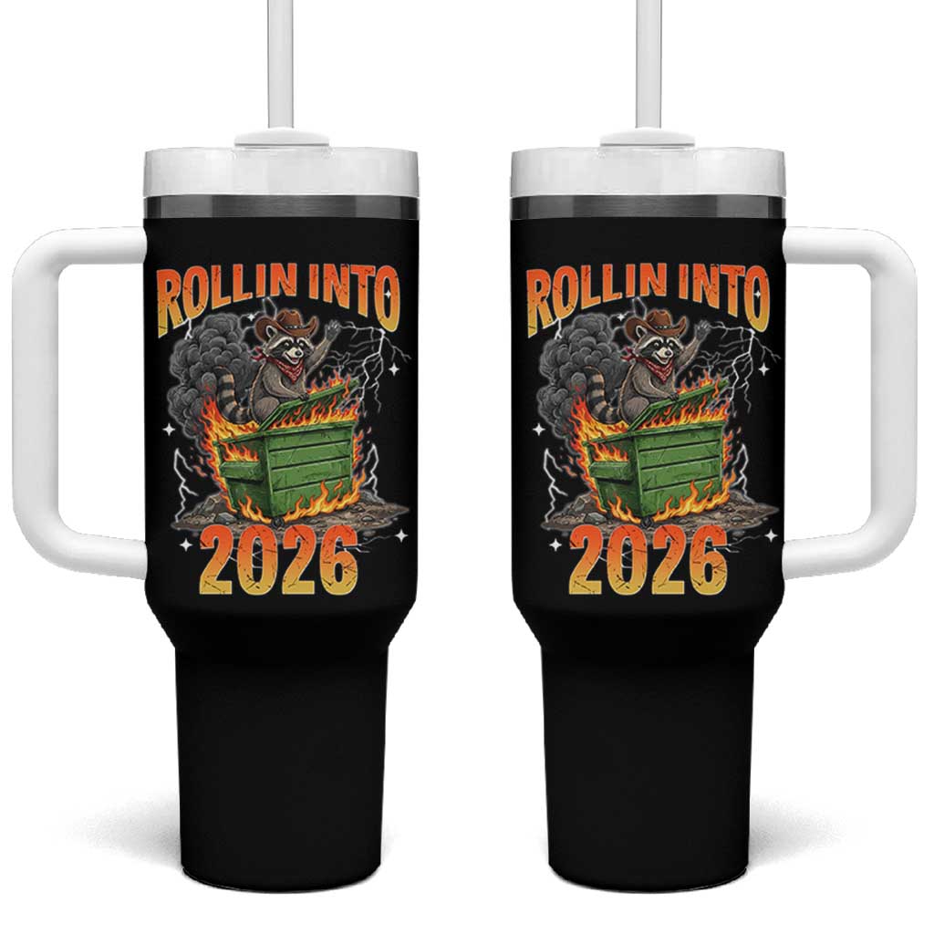Dumpster Fire Raccoon Meme for Surviving 2025 Tumbler With Handle Rollin Into 2026 Trash Panda Energy - Wonder Print Shop