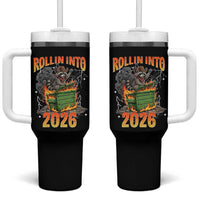 Dumpster Fire Raccoon Meme for Surviving 2025 Tumbler With Handle Rollin Into 2026 Trash Panda Energy - Wonder Print Shop