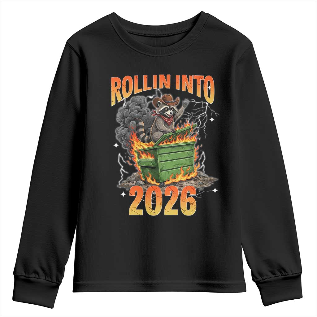 Dumpster Fire Raccoon Meme for Surviving 2025 Youth Sweatshirt Rollin Into 2026 Trash Panda Energy - Wonder Print Shop
