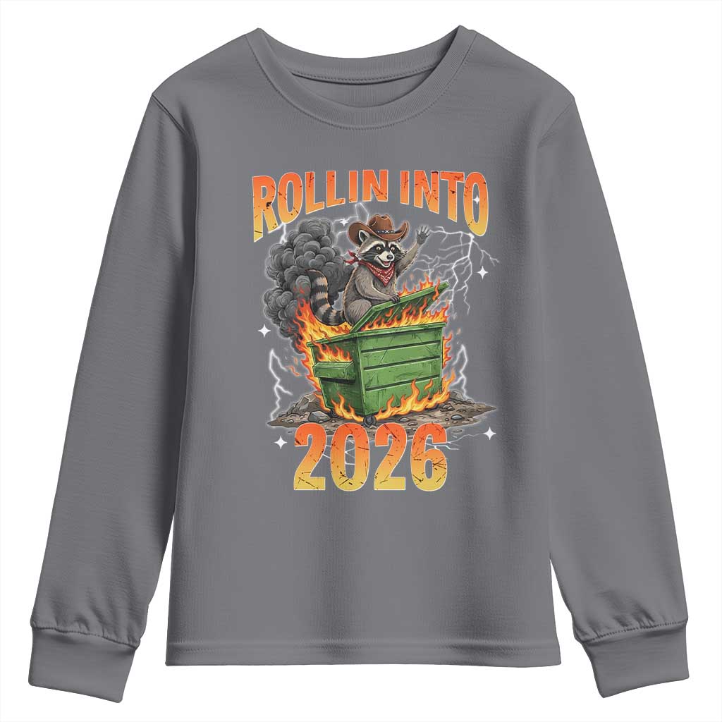 Dumpster Fire Raccoon Meme for Surviving 2025 Youth Sweatshirt Rollin Into 2026 Trash Panda Energy - Wonder Print Shop
