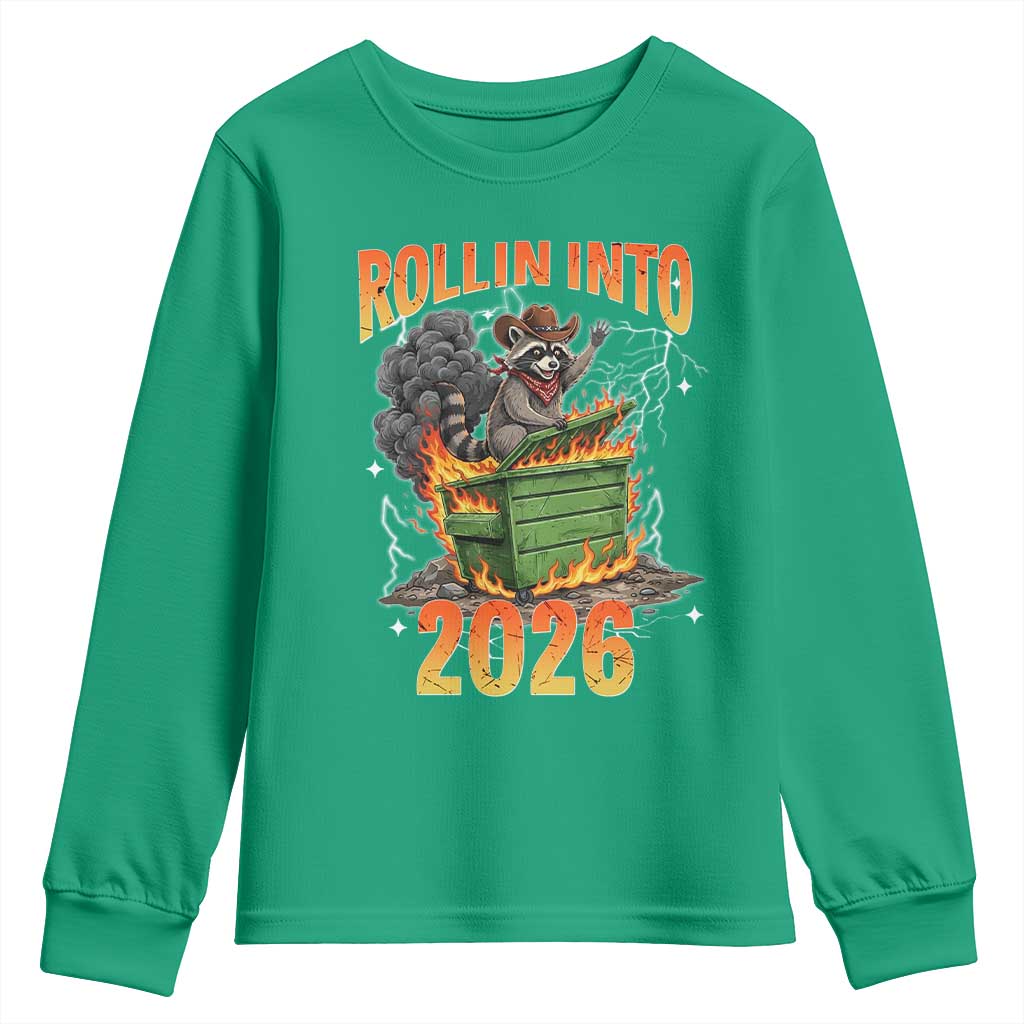 Dumpster Fire Raccoon Meme for Surviving 2025 Youth Sweatshirt Rollin Into 2026 Trash Panda Energy - Wonder Print Shop