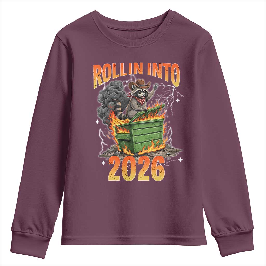 Dumpster Fire Raccoon Meme for Surviving 2025 Youth Sweatshirt Rollin Into 2026 Trash Panda Energy - Wonder Print Shop