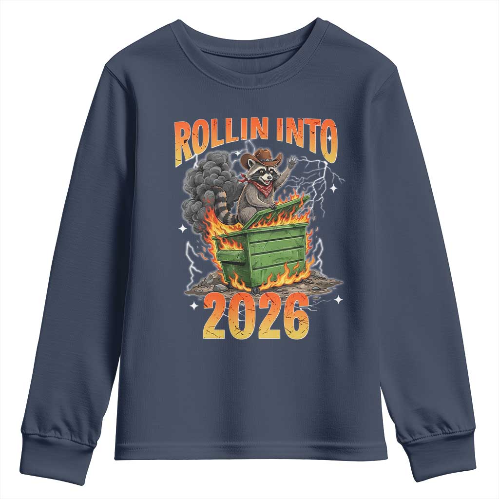 Dumpster Fire Raccoon Meme for Surviving 2025 Youth Sweatshirt Rollin Into 2026 Trash Panda Energy - Wonder Print Shop