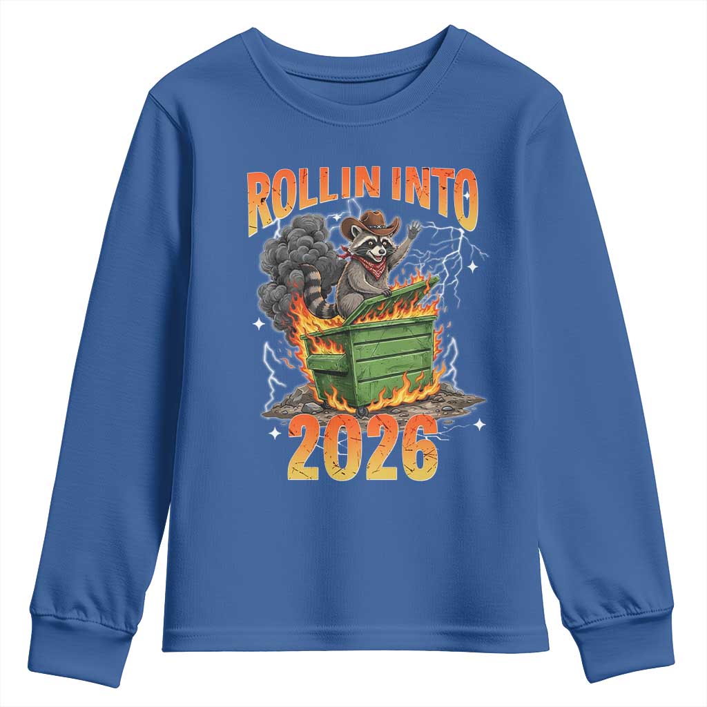 Dumpster Fire Raccoon Meme for Surviving 2025 Youth Sweatshirt Rollin Into 2026 Trash Panda Energy - Wonder Print Shop