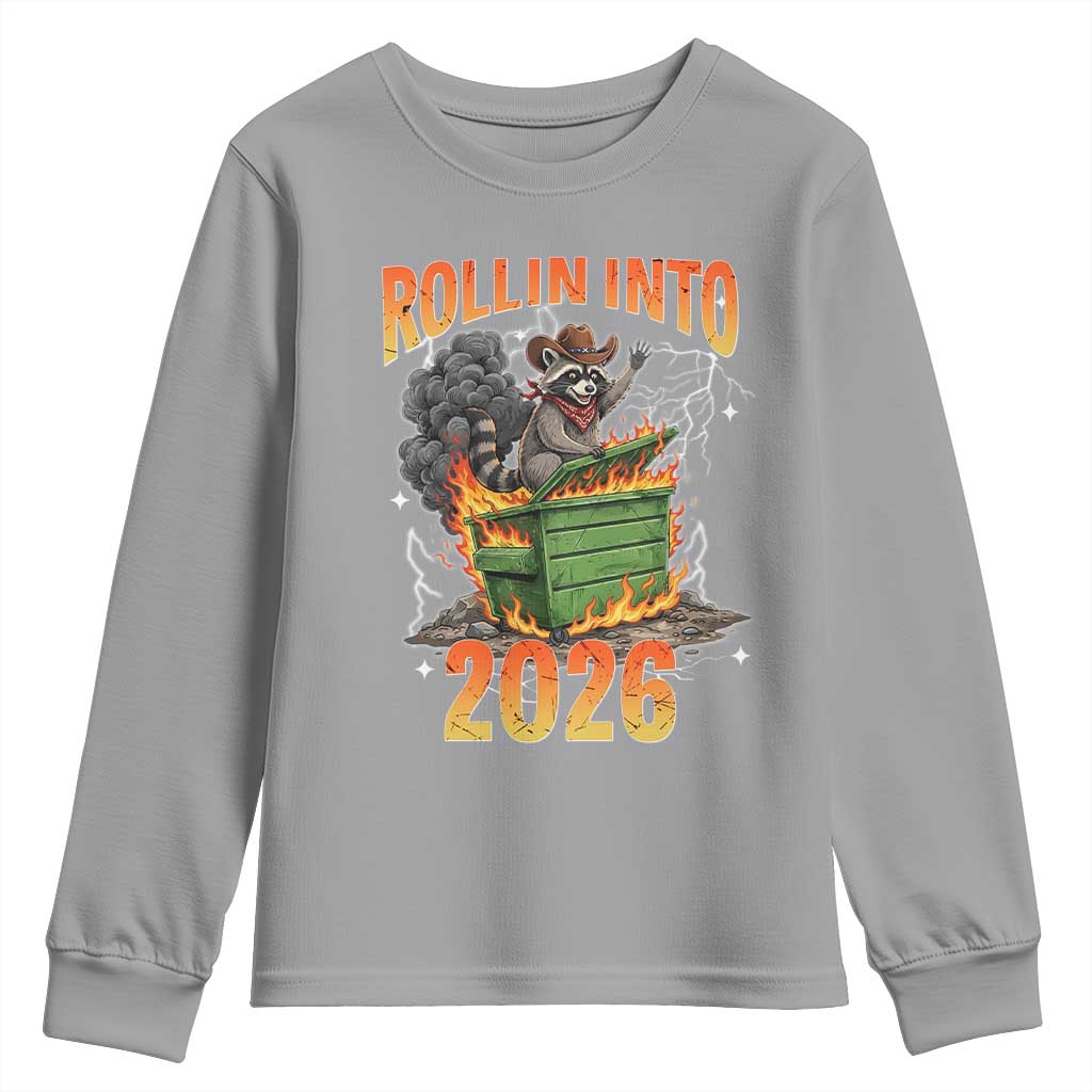 Dumpster Fire Raccoon Meme for Surviving 2025 Youth Sweatshirt Rollin Into 2026 Trash Panda Energy - Wonder Print Shop