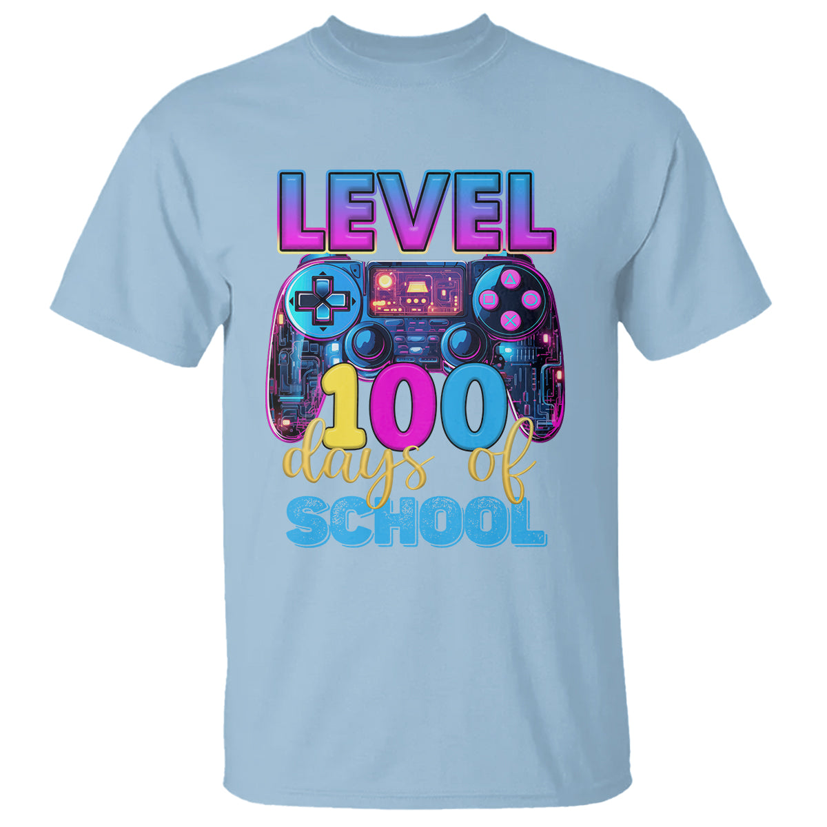 100 Days of School Gamer T Shirt Level 100 Unlocked Neon Game Controller - Wonder Print Shop