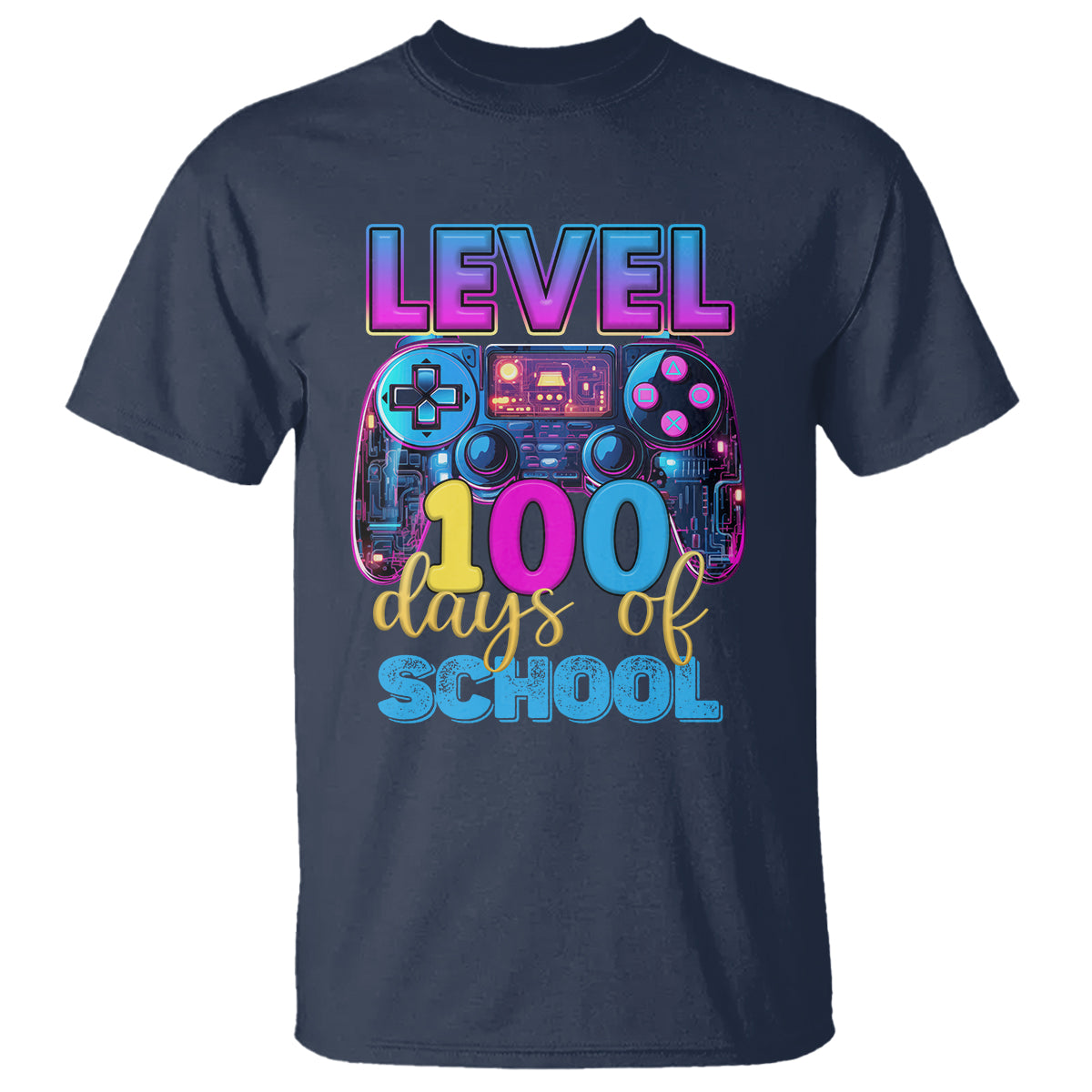 100 Days of School Gamer T Shirt Level 100 Unlocked Neon Game Controller - Wonder Print Shop