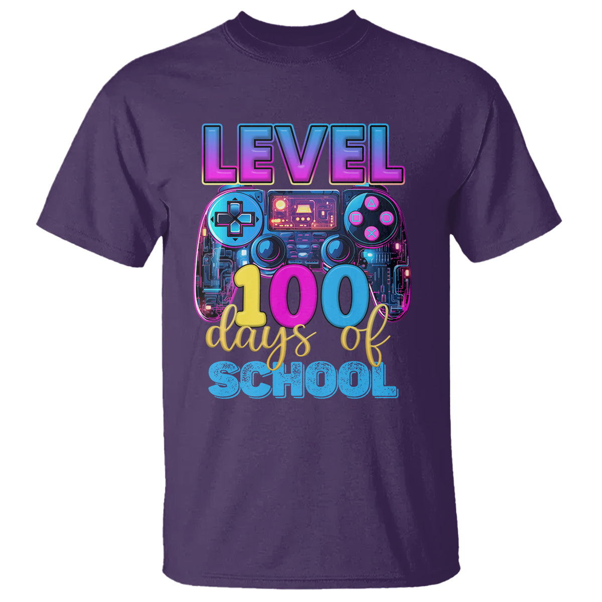 100 Days of School Gamer T Shirt Level 100 Unlocked Neon Game Controller - Wonder Print Shop